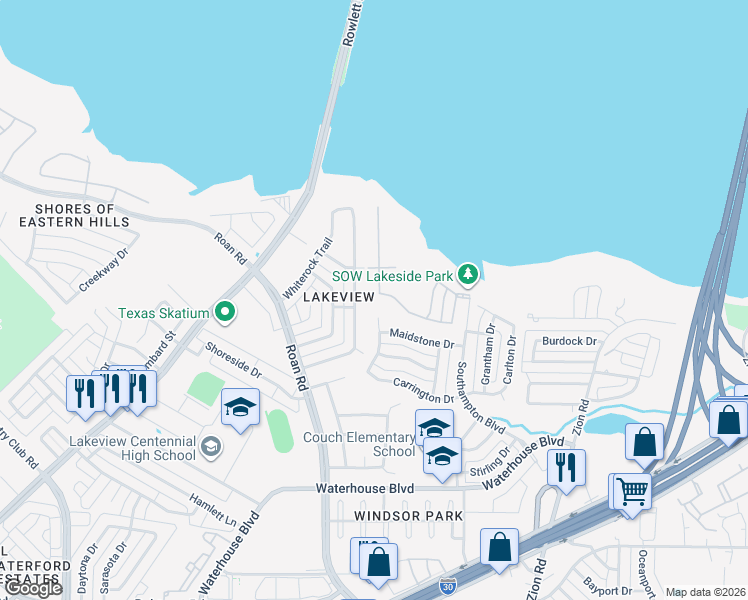 map of restaurants, bars, coffee shops, grocery stores, and more near 4102 Cedar Creek Drive in Garland