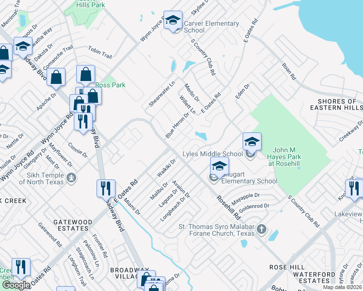 map of restaurants, bars, coffee shops, grocery stores, and more near 5314 Viewside Drive in Garland