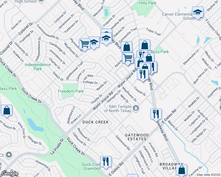 map of restaurants, bars, coffee shops, grocery stores, and more near 502 Wynn Joyce Road in Garland