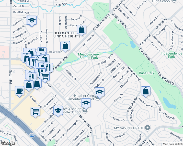 map of restaurants, bars, coffee shops, grocery stores, and more near 421 Brookview Drive in Garland