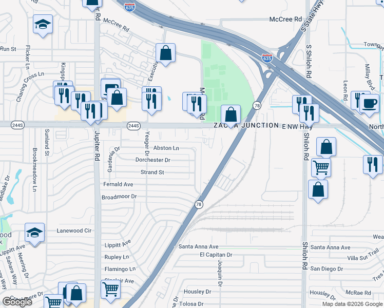 map of restaurants, bars, coffee shops, grocery stores, and more near 12311 Holt Drive in Dallas