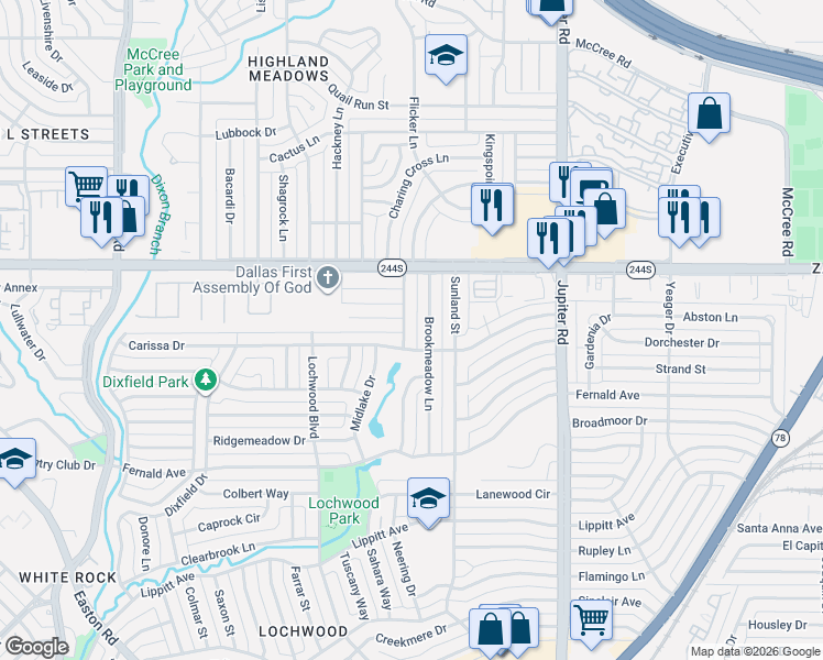 map of restaurants, bars, coffee shops, grocery stores, and more near 12215 Brookmeadow Lane in Dallas