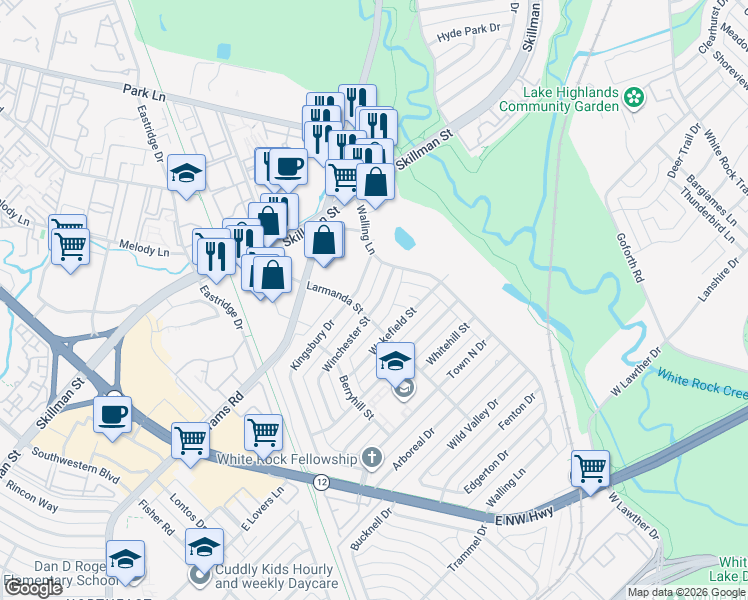 map of restaurants, bars, coffee shops, grocery stores, and more near 7024 Winchester Street in Dallas