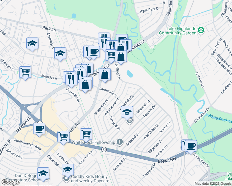 map of restaurants, bars, coffee shops, grocery stores, and more near 6954 Kingsbury Drive in Dallas