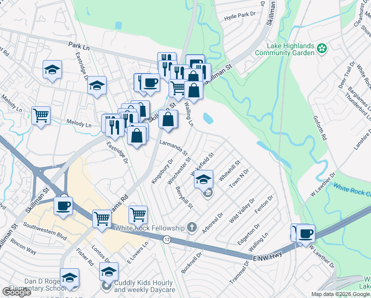 map of restaurants, bars, coffee shops, grocery stores, and more near 6954 Kingsbury Drive in Dallas