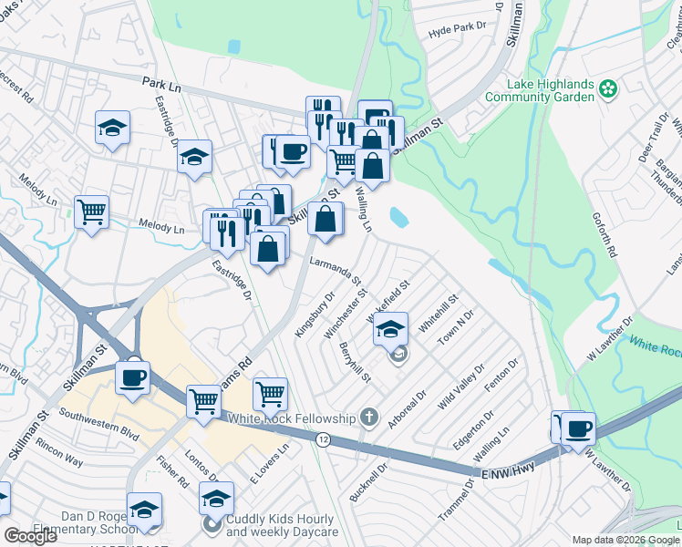 map of restaurants, bars, coffee shops, grocery stores, and more near 6353-6399 Larmanda Street in Dallas