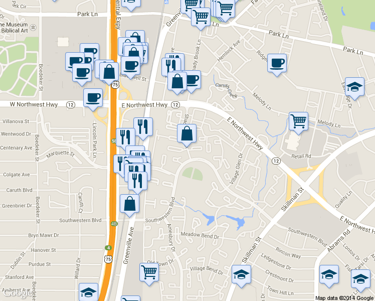 map of restaurants, bars, coffee shops, grocery stores, and more near 6306 Shady Brook Lane in Dallas