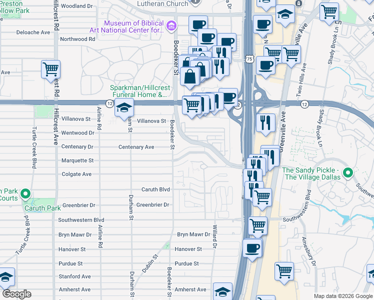 map of restaurants, bars, coffee shops, grocery stores, and more near 7631 Marquette Street in Dallas