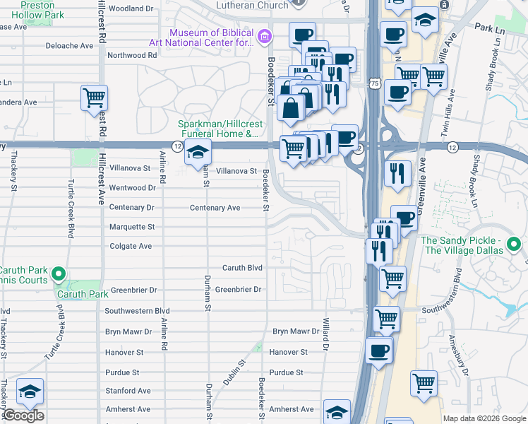 map of restaurants, bars, coffee shops, grocery stores, and more near 7542 Centenary Avenue in Dallas