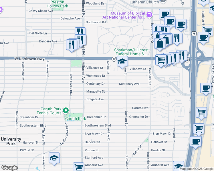 map of restaurants, bars, coffee shops, grocery stores, and more near 7202 Centenary Avenue in Dallas
