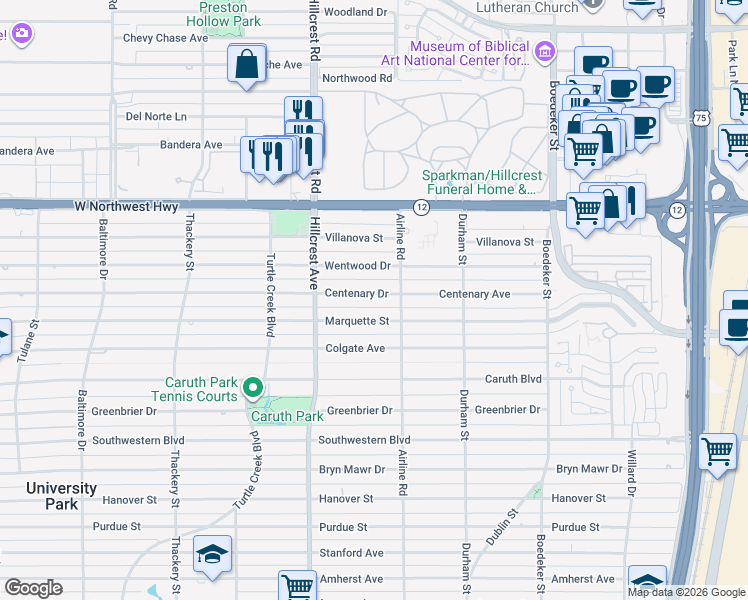 map of restaurants, bars, coffee shops, grocery stores, and more near 3221 Centenary Avenue in Dallas