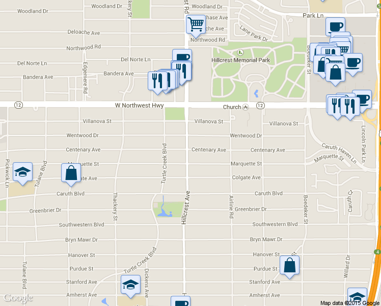 map of restaurants, bars, coffee shops, grocery stores, and more near 3309 Centenary Avenue in Dallas