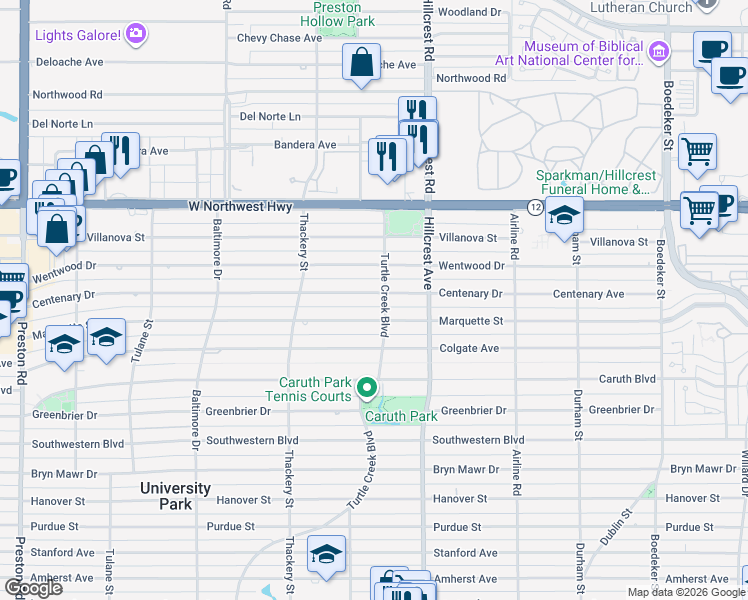 map of restaurants, bars, coffee shops, grocery stores, and more near 3505 Centenary Drive in Dallas