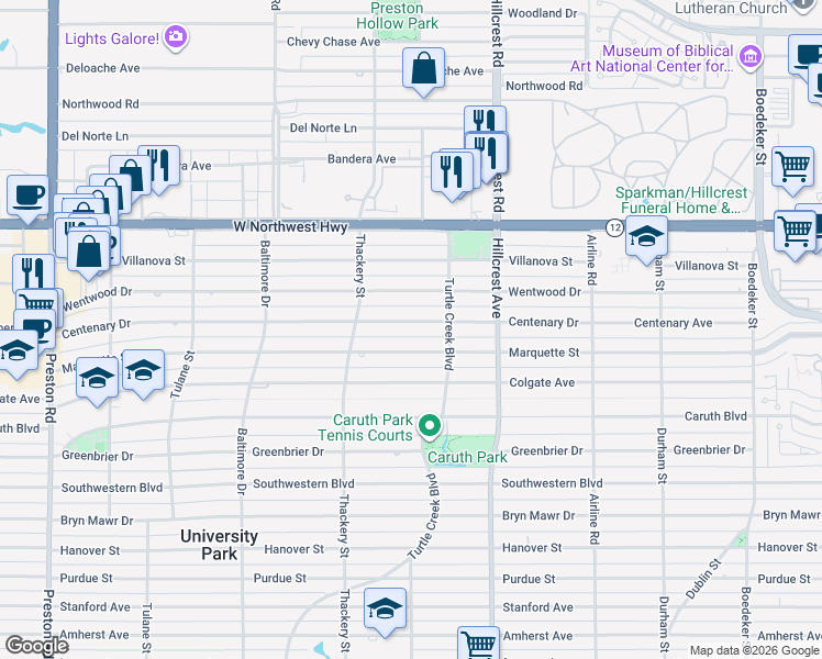 map of restaurants, bars, coffee shops, grocery stores, and more near 3529 Centenary Avenue in Dallas