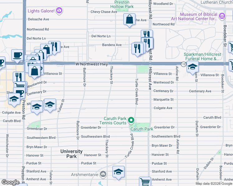 map of restaurants, bars, coffee shops, grocery stores, and more near 3557 Centenary Avenue in Dallas