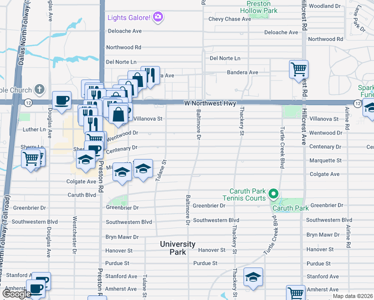 map of restaurants, bars, coffee shops, grocery stores, and more near 3809 Centenary Avenue in Dallas