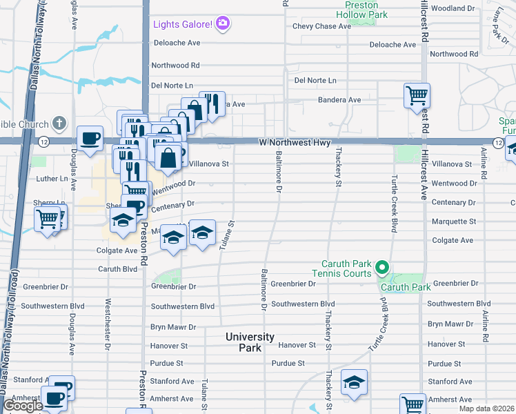 map of restaurants, bars, coffee shops, grocery stores, and more near 3809 Centenary Avenue in Dallas