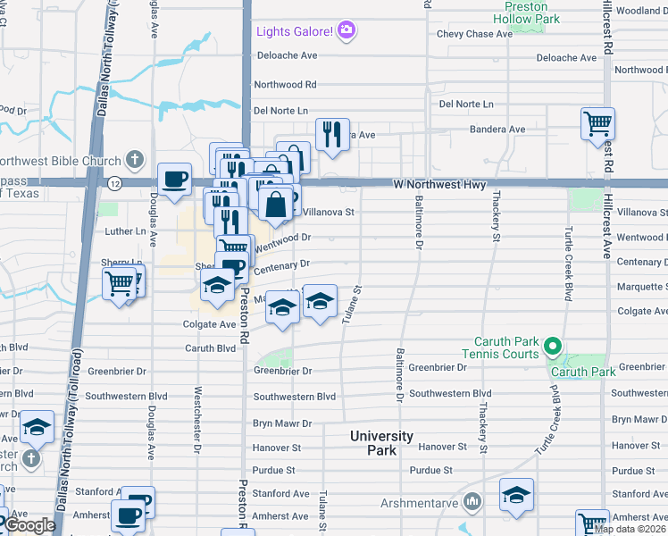 map of restaurants, bars, coffee shops, grocery stores, and more near 3913 Centenary Avenue in Dallas