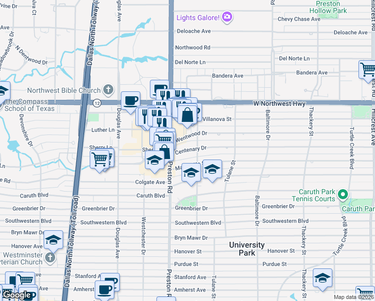 map of restaurants, bars, coffee shops, grocery stores, and more near 4005 Centenary Avenue in Dallas