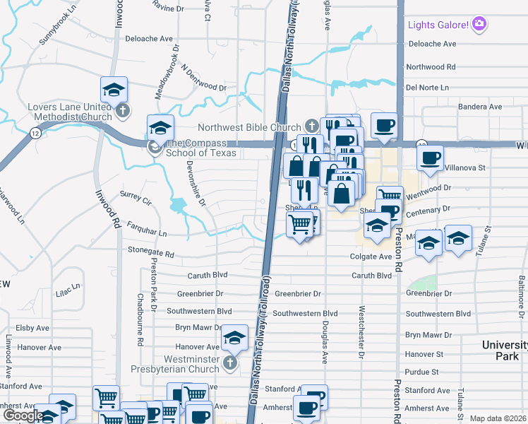 map of restaurants, bars, coffee shops, grocery stores, and more near 5835 Farquhar Lane in Dallas