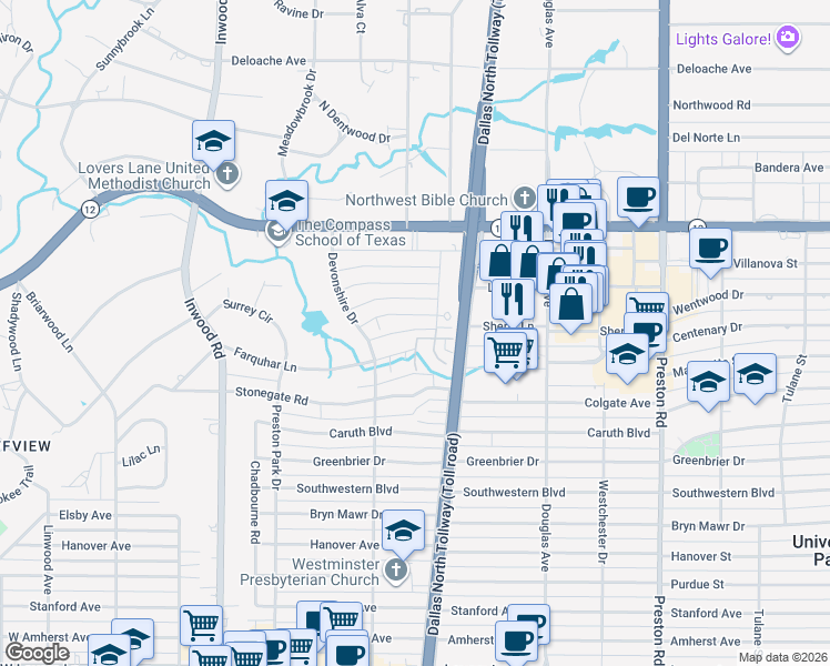 map of restaurants, bars, coffee shops, grocery stores, and more near 5835 Farquhar Lane in Dallas