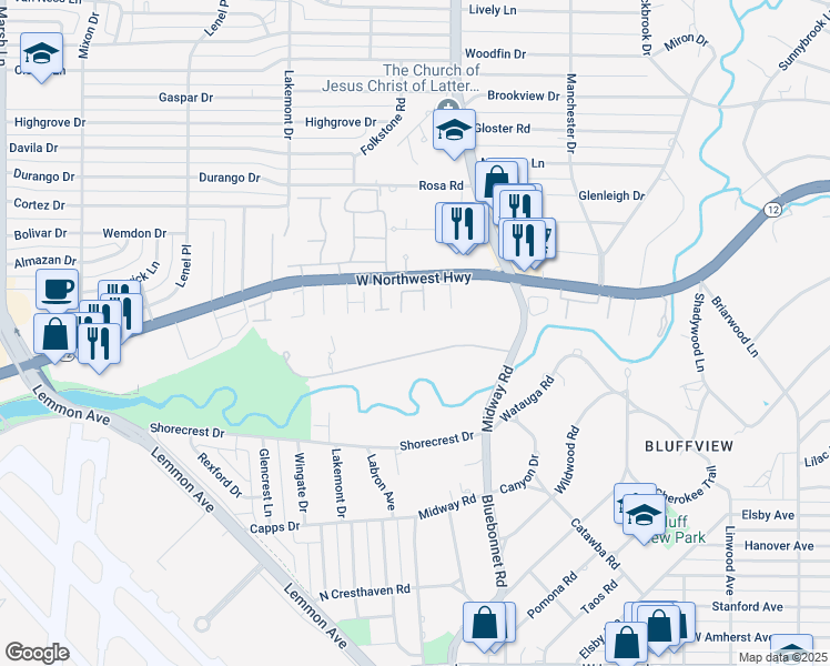 map of restaurants, bars, coffee shops, grocery stores, and more near 4163 Cochran Chapel Road in Dallas