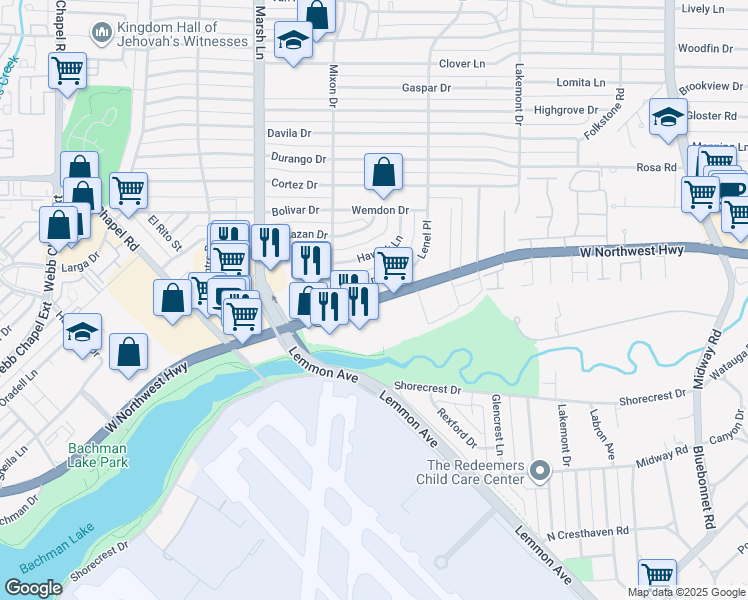 map of restaurants, bars, coffee shops, grocery stores, and more near 3890 West Northwest Highway in Dallas