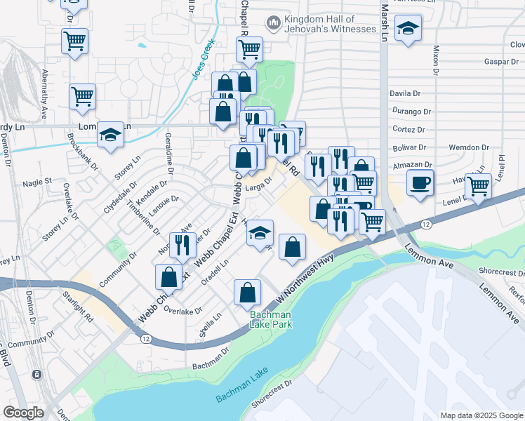 map of restaurants, bars, coffee shops, grocery stores, and more near 8 Hargrove Drive in Dallas