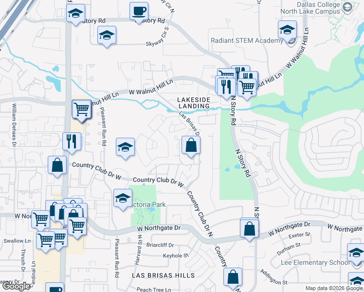 map of restaurants, bars, coffee shops, grocery stores, and more near 4267 Cuesta Drive in Irving