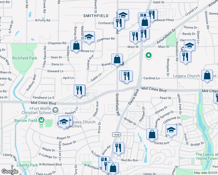 map of restaurants, bars, coffee shops, grocery stores, and more near 7824 Arthur Drive in North Richland Hills