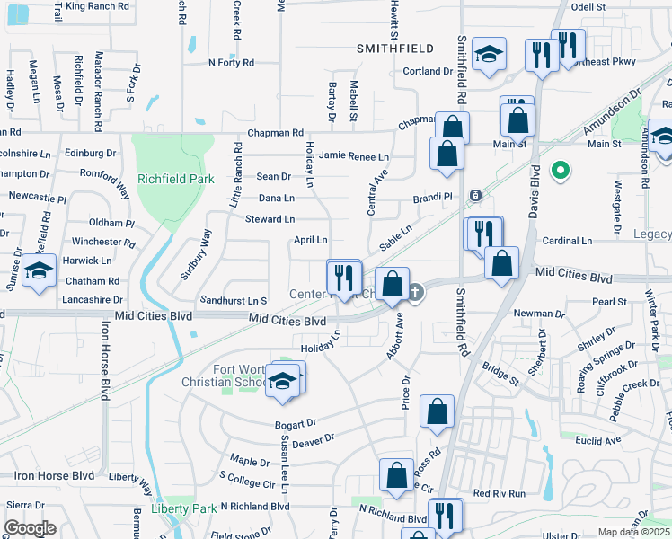map of restaurants, bars, coffee shops, grocery stores, and more near 6320 Holiday Lane in North Richland Hills