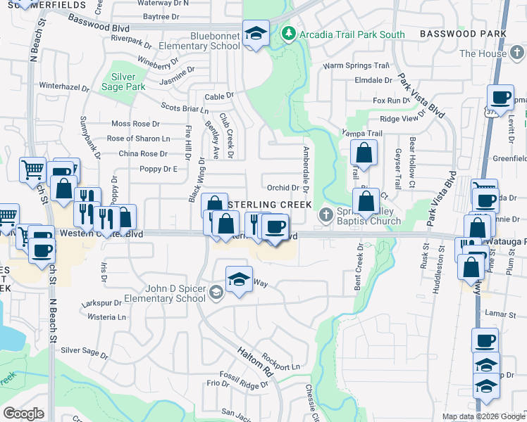 map of restaurants, bars, coffee shops, grocery stores, and more near 6725 Armstrong Court in Fort Worth