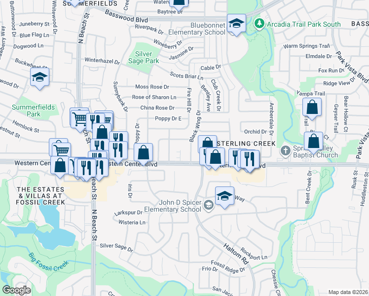 map of restaurants, bars, coffee shops, grocery stores, and more near 6715 Oriole Court in Fort Worth