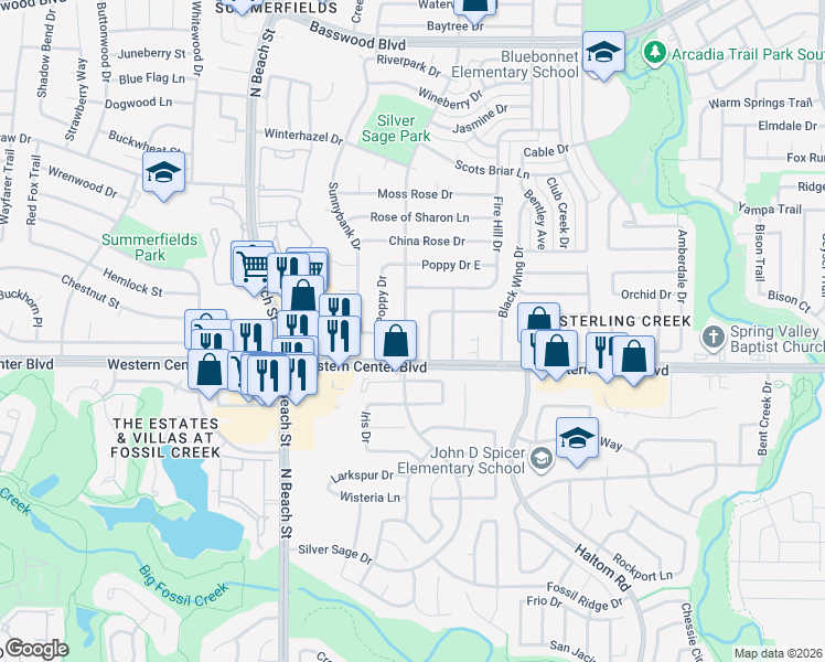 map of restaurants, bars, coffee shops, grocery stores, and more near 6711 Silver Sage Drive in Fort Worth