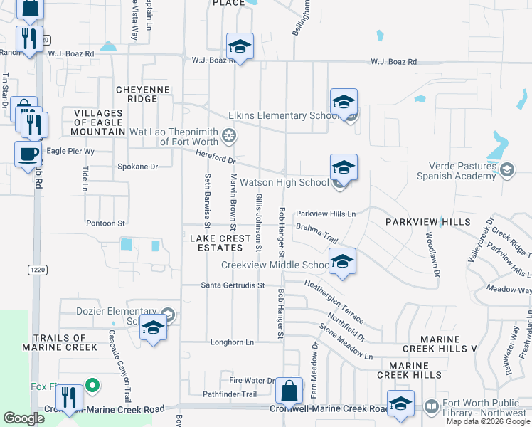 map of restaurants, bars, coffee shops, grocery stores, and more near 6900 Marvin Brown Street in Fort Worth