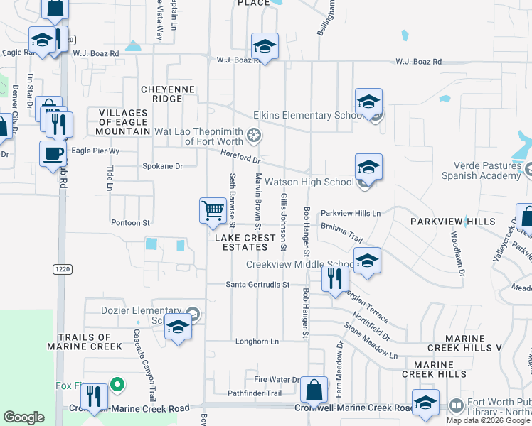 map of restaurants, bars, coffee shops, grocery stores, and more near 6905 Marvin Brown Street in Fort Worth