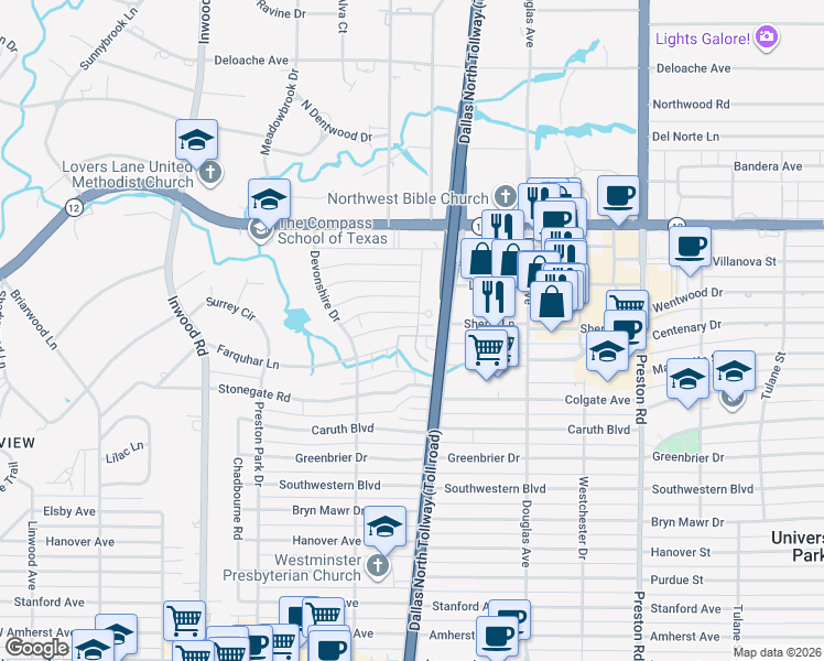 map of restaurants, bars, coffee shops, grocery stores, and more near 5835 Farquhar Lane in Dallas