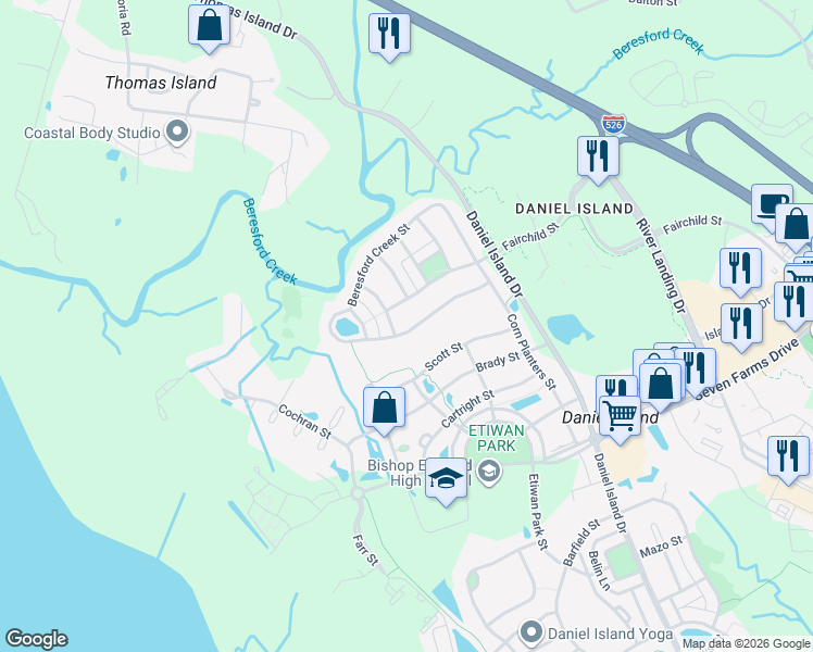 map of restaurants, bars, coffee shops, grocery stores, and more near 271 Beresford Creek Street in Charleston