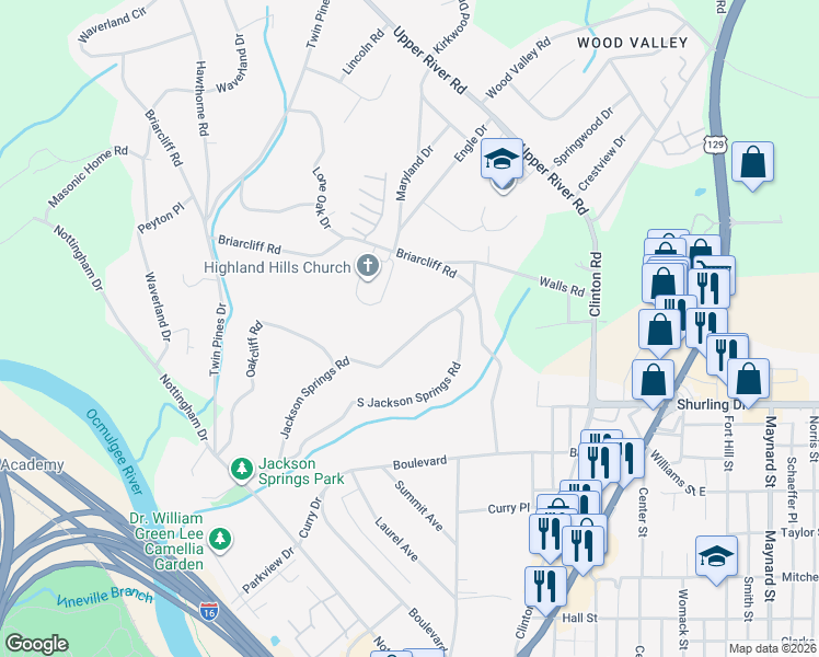 map of restaurants, bars, coffee shops, grocery stores, and more near 1260 Jackson Springs Road in Macon
