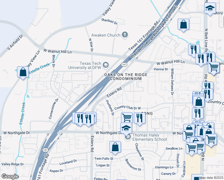 map of restaurants, bars, coffee shops, grocery stores, and more near 13 Sumayyah Drive in Irving