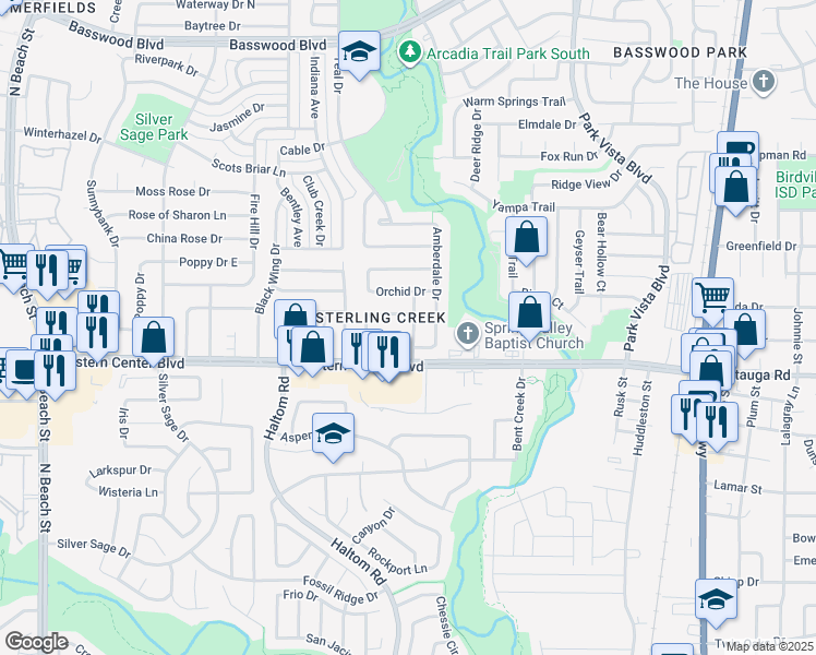 map of restaurants, bars, coffee shops, grocery stores, and more near 6724 Braeview Drive in Fort Worth
