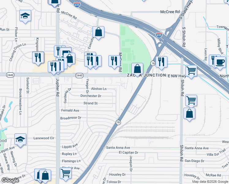 map of restaurants, bars, coffee shops, grocery stores, and more near 12311 Holt Drive in Dallas