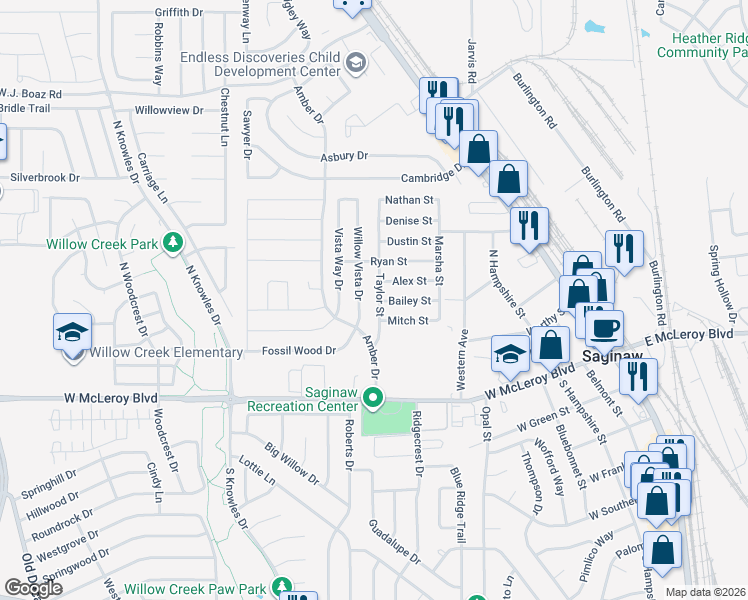 map of restaurants, bars, coffee shops, grocery stores, and more near 325 Taylor Street in Saginaw