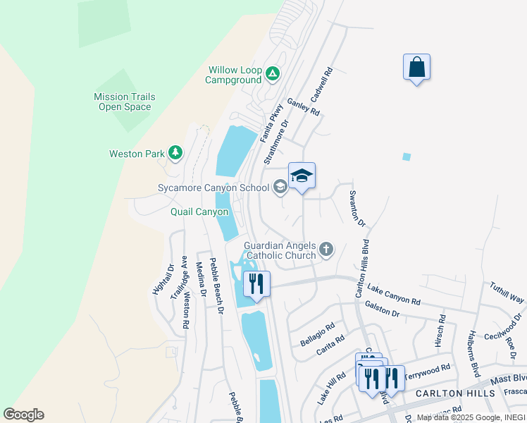 map of restaurants, bars, coffee shops, grocery stores, and more near 10151 Strathmore Drive in Santee