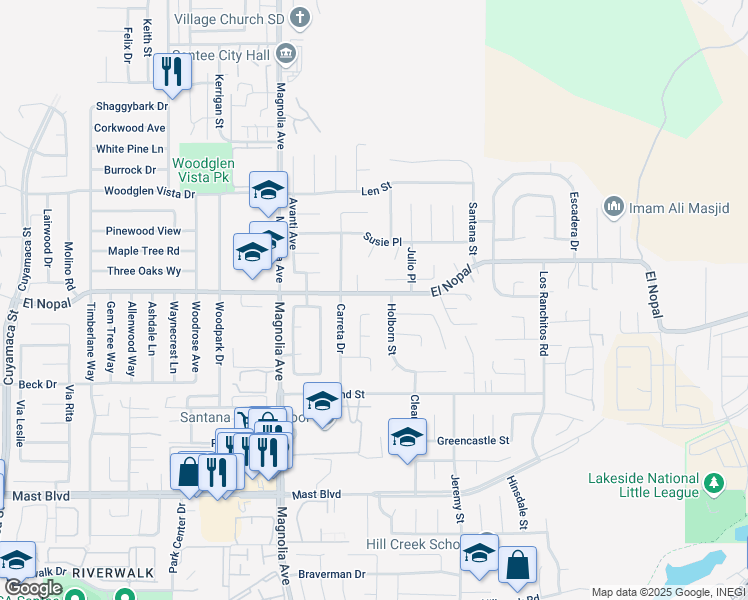 map of restaurants, bars, coffee shops, grocery stores, and more near 10707 El Nopal in Santee