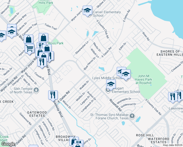 map of restaurants, bars, coffee shops, grocery stores, and more near 5314 Viewside Drive in Garland