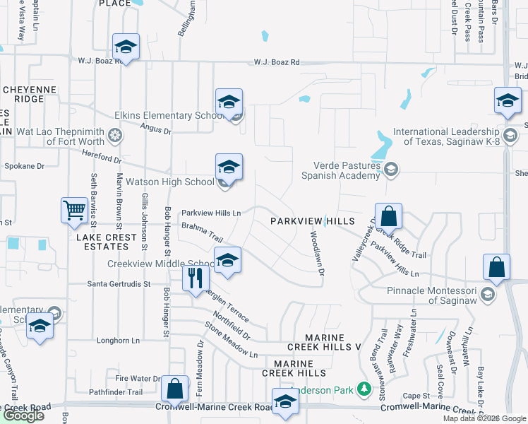 map of restaurants, bars, coffee shops, grocery stores, and more near 5517 Parkview Hills Lane in Fort Worth