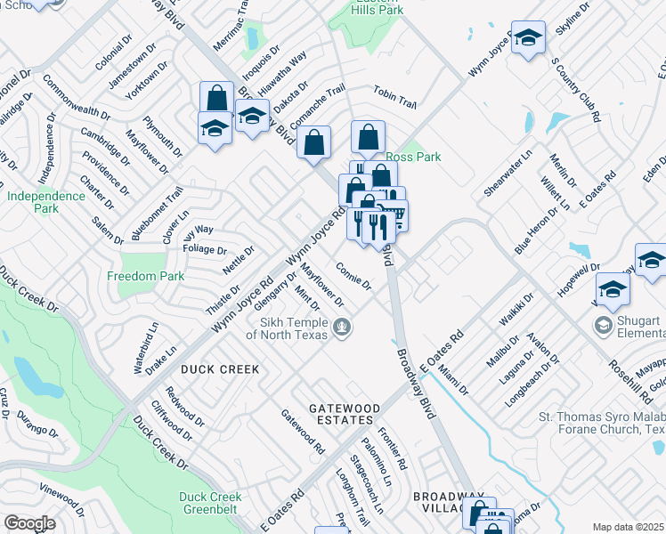 map of restaurants, bars, coffee shops, grocery stores, and more near 4301 Connie Drive in Garland