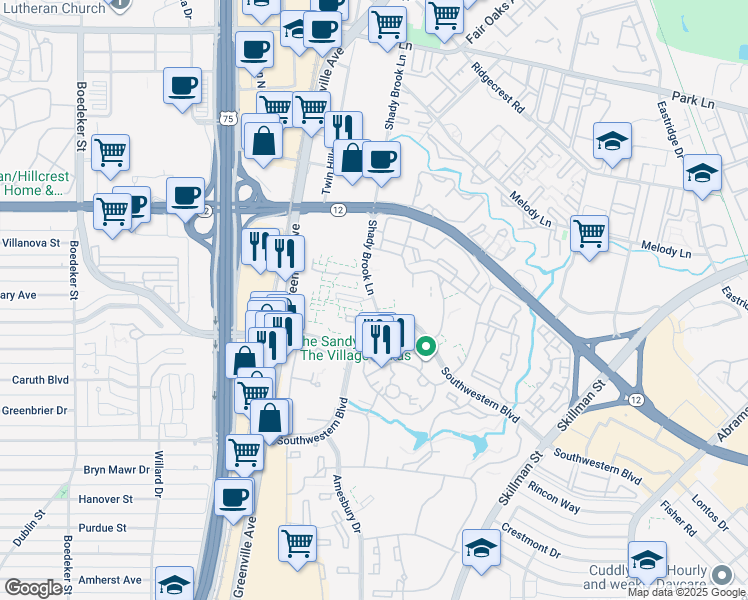 map of restaurants, bars, coffee shops, grocery stores, and more near 6247 Shady Brook Lane in Dallas