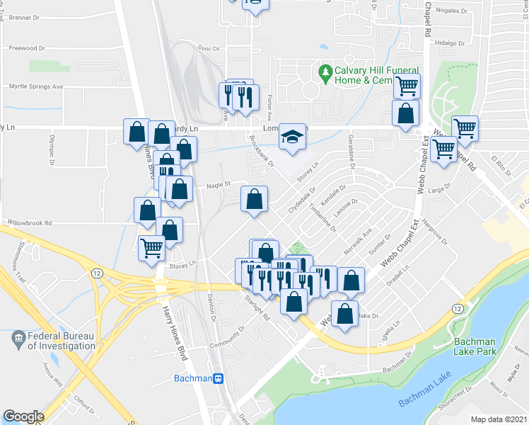 map of restaurants, bars, coffee shops, grocery stores, and more near 3012 Storey Lane in Dallas